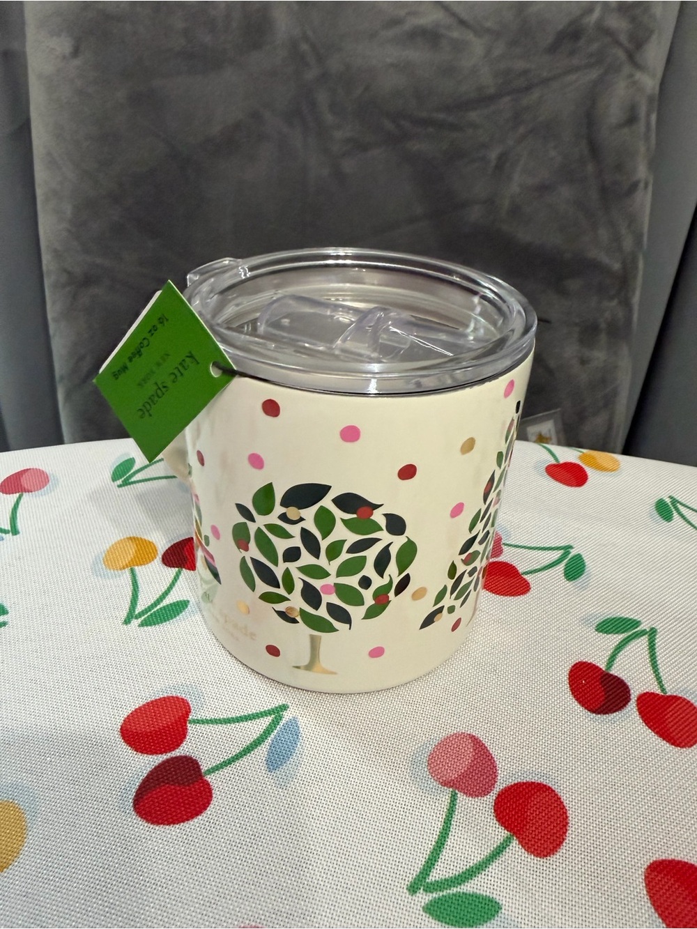 kate spade Cream Mug with Green Tree and Pink Dot Accents